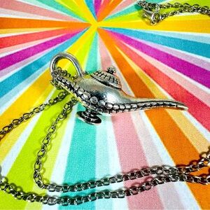 Adorable little genie lantern in Silver tone metal on a Silvertone chain